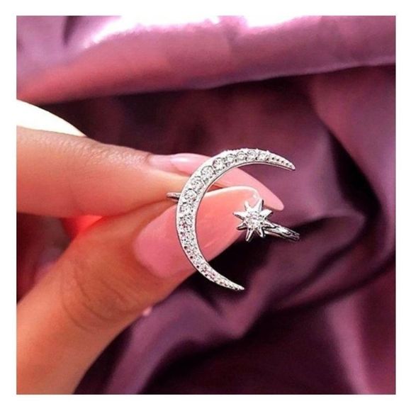 Crescent Simple Opening Silver and Rhinestones Ring NIP - Picture 2 of 2